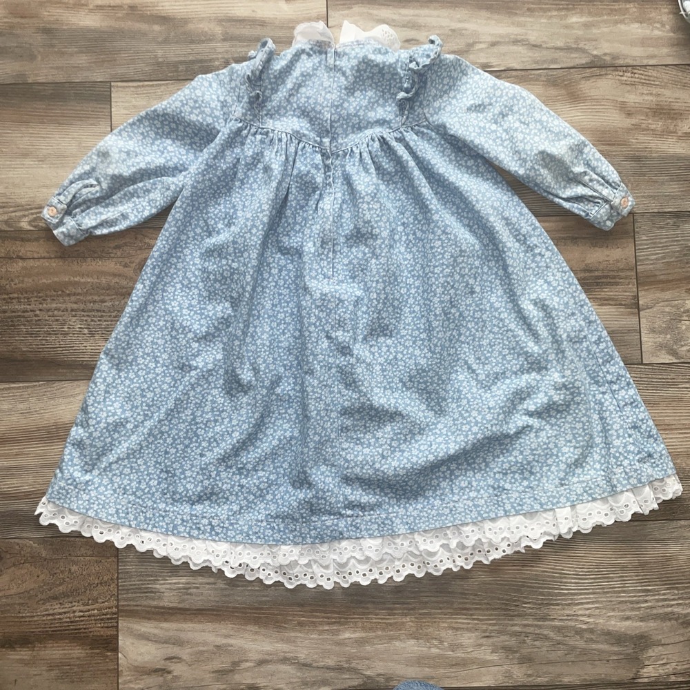 Vintage 1980s Toddler Girl 4 Blue Ditzy Floral Cotton Lace Collar Easter Outfit - Picture 8 of 8